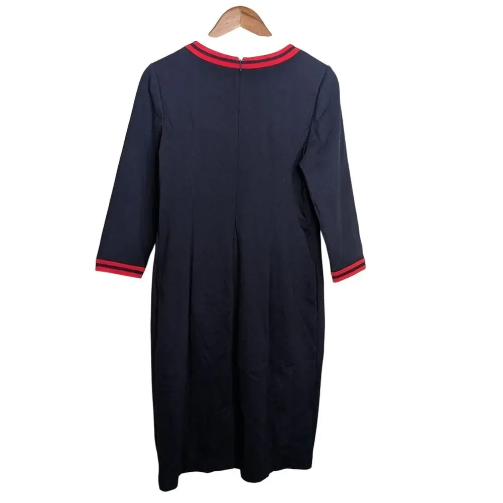 Talbots Career Shift Midi Dress 10 Navy Blue Red Trim Modest Ponte Knit Office - Picture 6 of 9